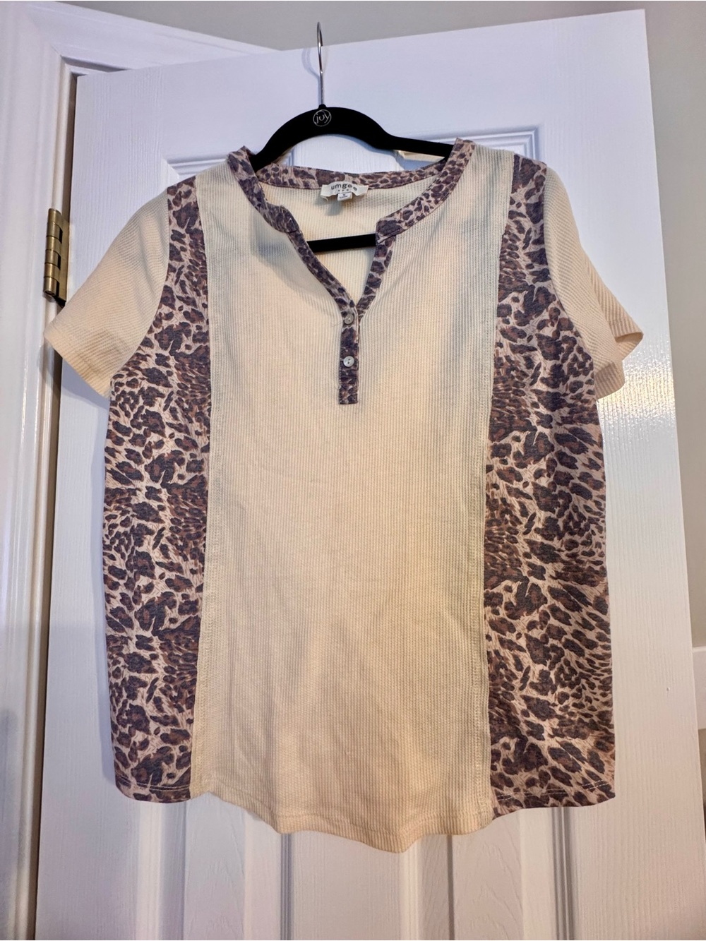 Umgee Beige Short Sleeve Henley with Leopard Print Panels